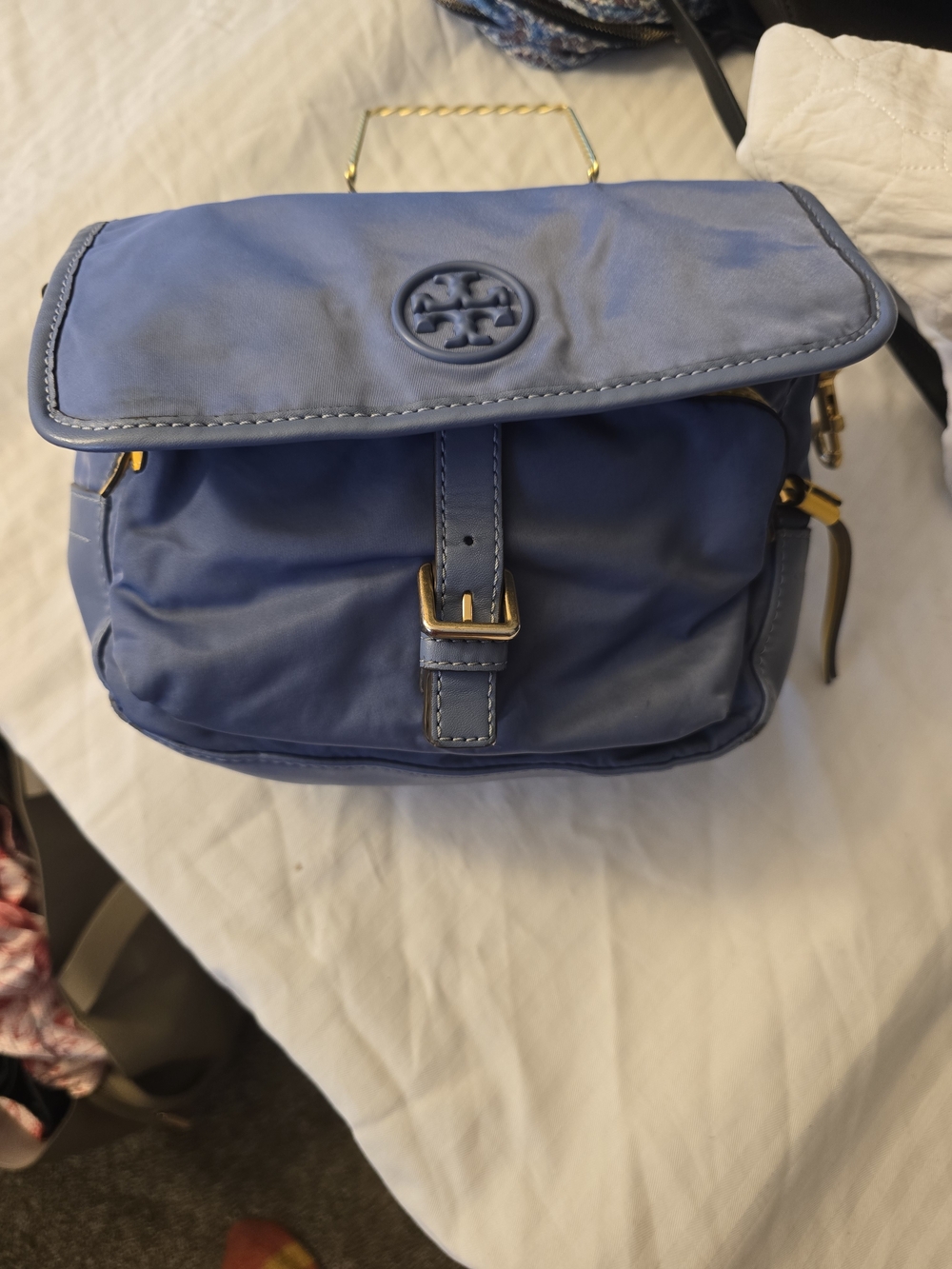 Tory Burch Periwinkle Blue Leather Top-Handle Satchel with Gold Hardware